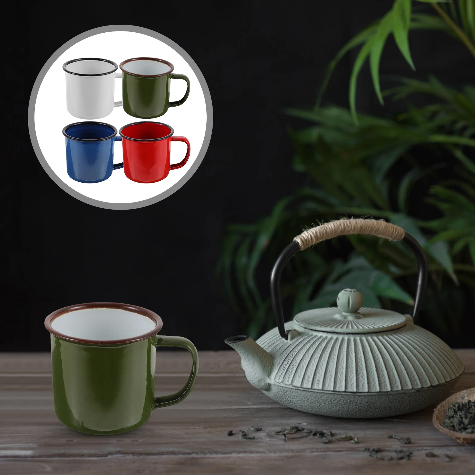 

4Pcs Retro Solid Color Enamel Drinking Cups Vintage Small Wine Mugs Heat Insulated Handle Beverage Cups