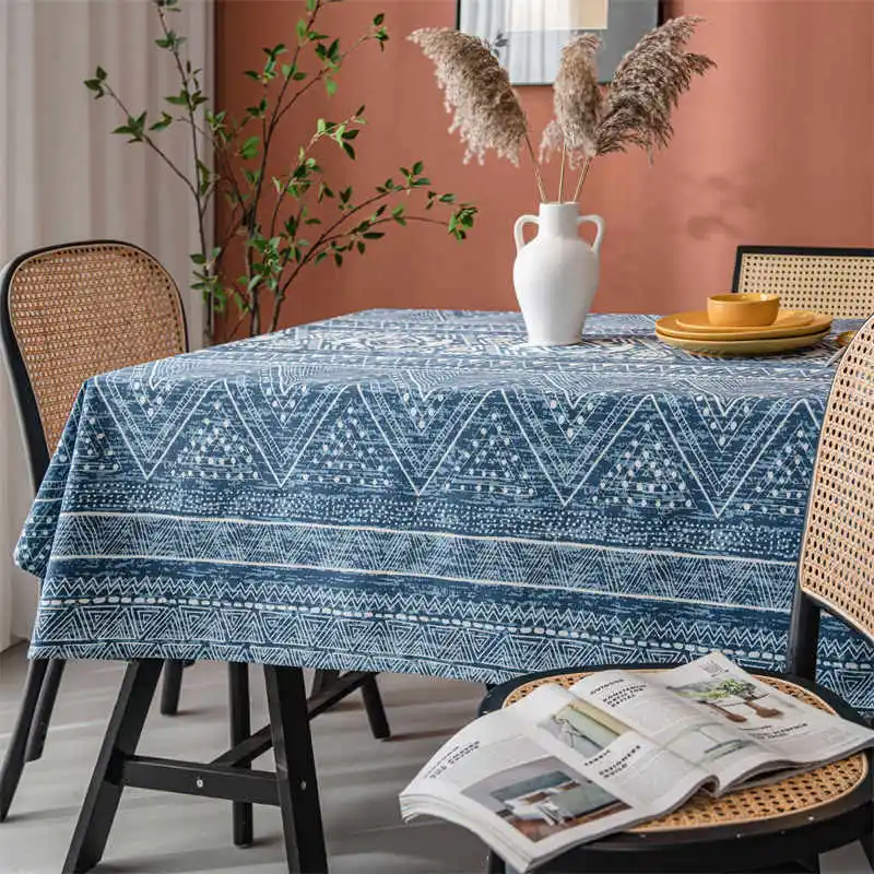 Blue Geometric Triangle Print Table Cloths Cotton Linen Rectangle Tablecloth For Dining Room Retro Boho Coffee Table Cover Cloth