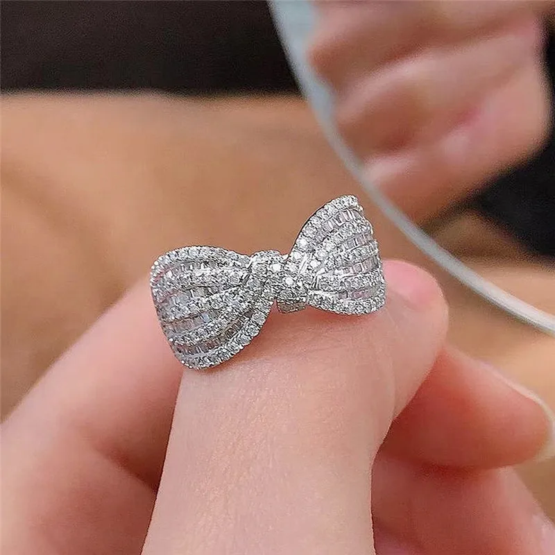 925 Sterling Silver Fancy Bow Ring with Dazzling CZ Women Finger Ring Newly Designed Wedding Bands Statement Accessories Jewelry