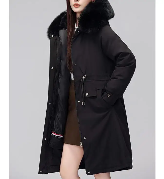 

Women Winter Mid-Length Over-Knee Waist Slim Fit 3-In-1 Detachable Cotton Jacket Thick Plush Warm Casual Outdoor Outerwear