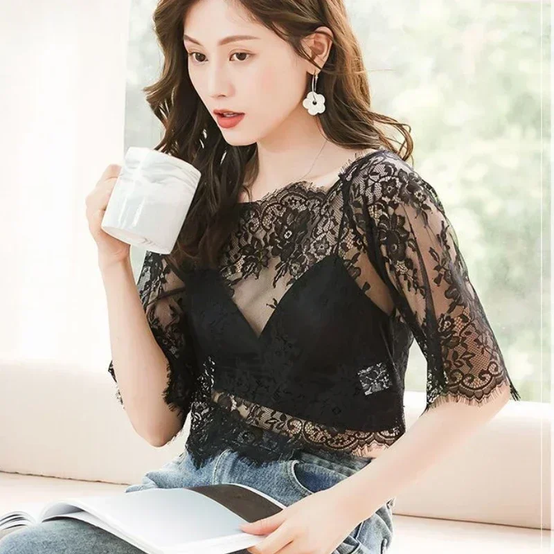 Sexy Black Lace Backing Shirt Women Short Sleeve Flare Summer Chiffon With Hollow Out Very Fairy Fashion Sexy Mesh Top