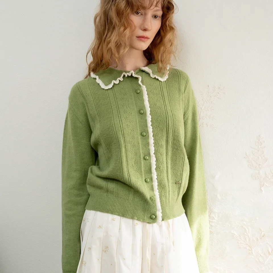 Soft Knitted Doll Collar Cardigan Skin-friendly Wood Grain Ruffle Color Block Commute Versatile Korean Style Women's Top