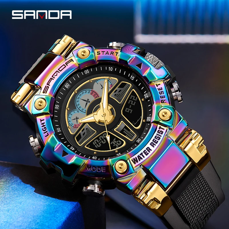 

SANDA Dual Display Watch Luminous 5ATM Waterproof Multifunctional Chronograph Watch For Men 2023 New Fashion Colorful Dial 3156