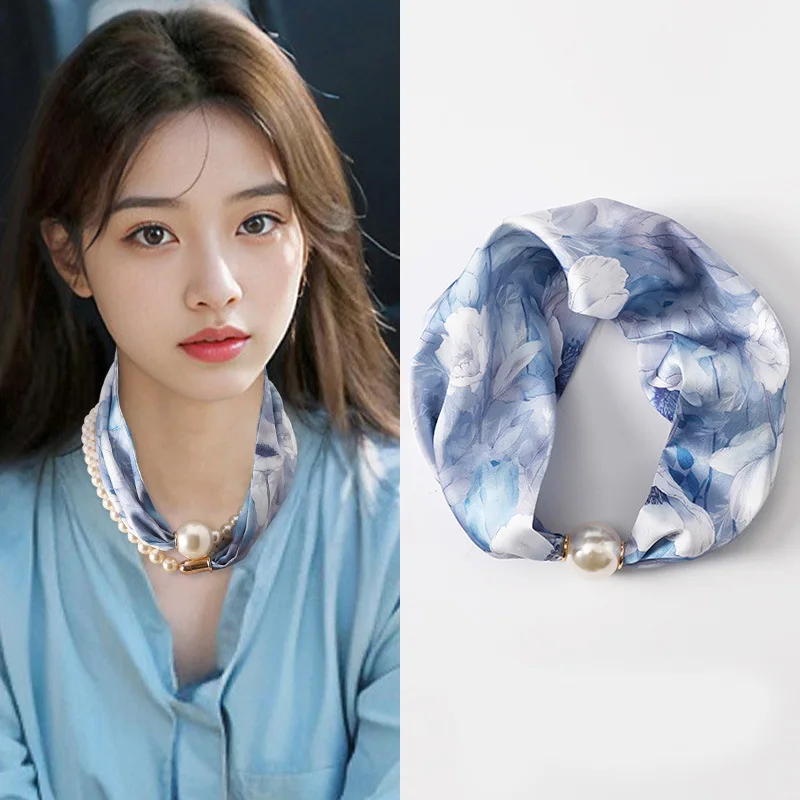 Fashion Imitation Pearls Chain Scarf Neckerchief Magnetic Buckle Necklace Clavicle Choker Scarves Ring Necklaces for Women Girls