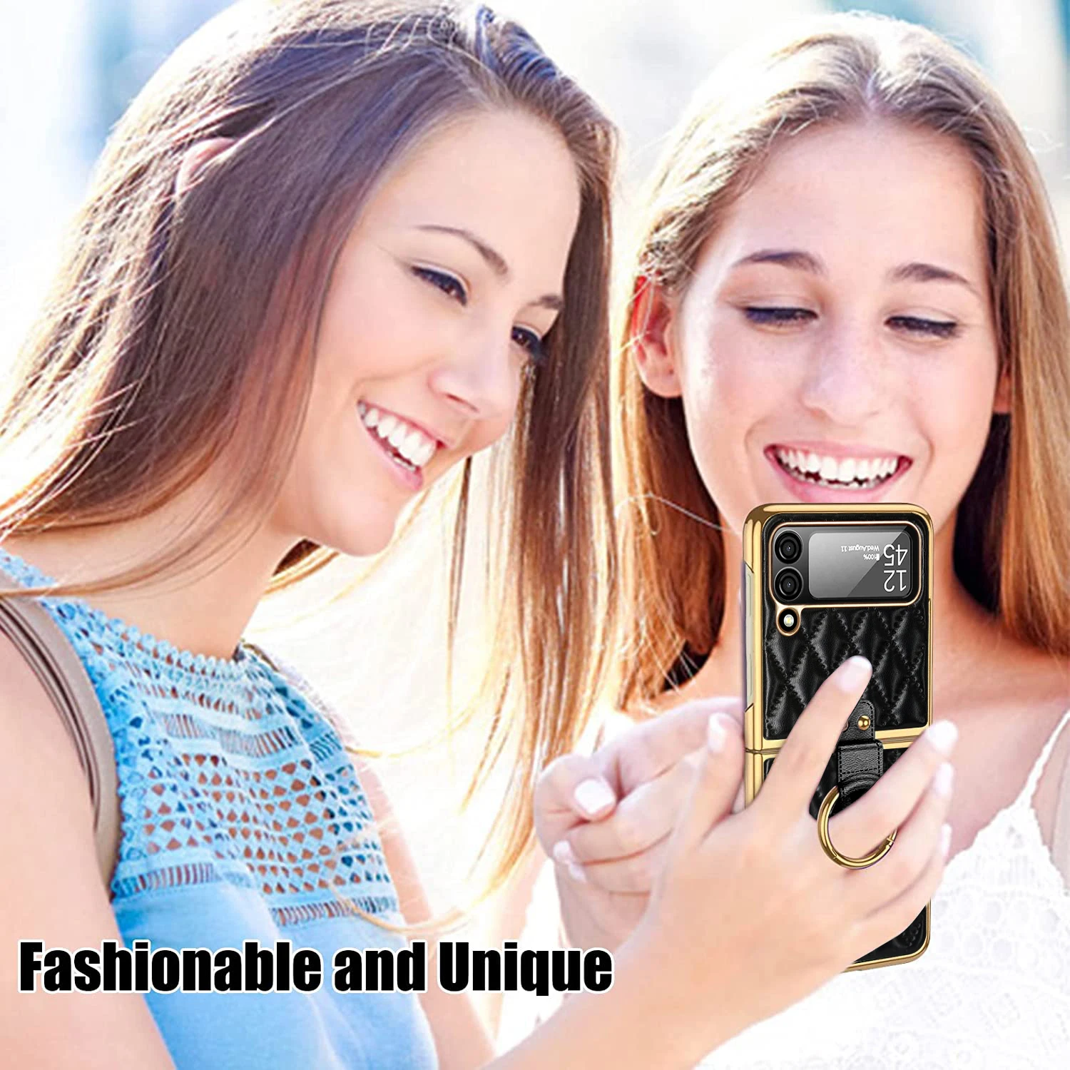 Vietao Luxus-Leder-Handyhülle für Samsung Galaxy Z Flip 8/7/6/5/4/3 mit vergoldetem Ringständer – Objektivschutzfolie, Pink – Detail 10