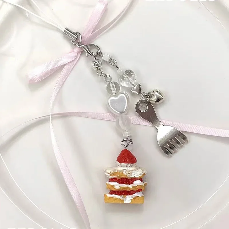 [Small Cake] Beaded Handmade Small Dessert Cake Metal Small Fork Pendant Card Book Mobile Phone Chain ins