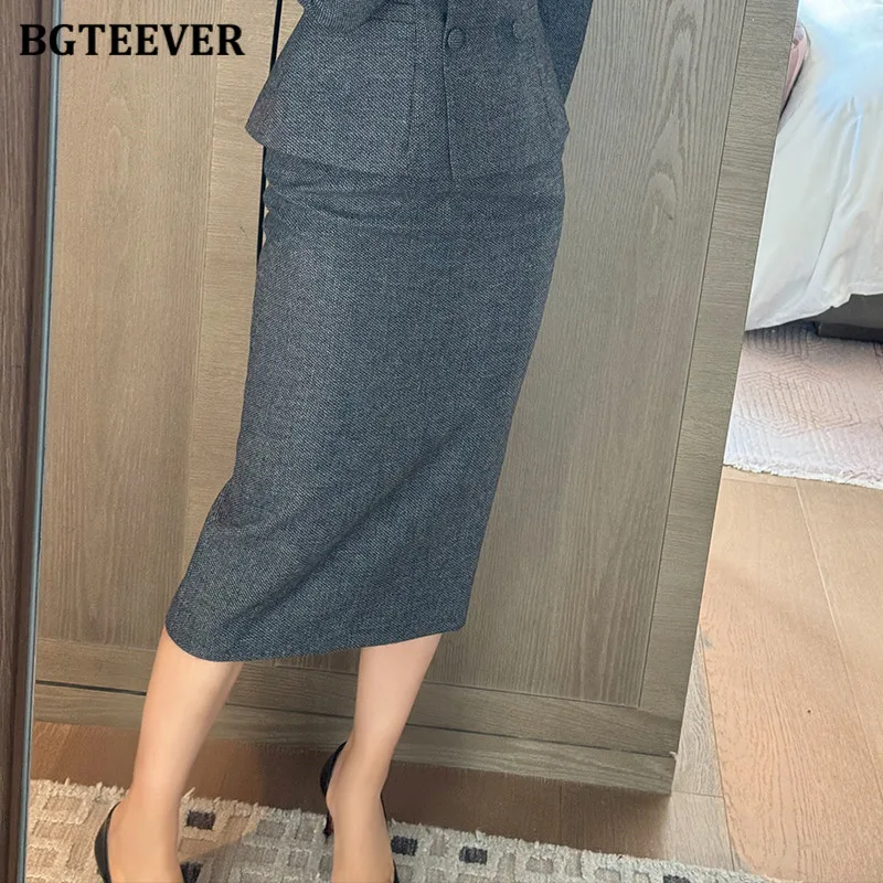 BGTEEVER elegante Vintage Otoño Invierno señoras falda trajes doble botonadura cintura delgada Blazer y paquete faldas a la cadera conjunto con americana para mujer