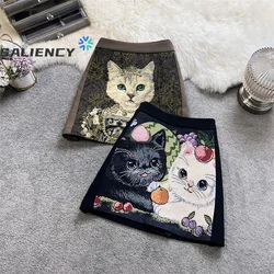 Korean 3D Animal Pattern Cartoon Cat Embroidery High Waist Skirt Fall and Winter Animal Pattern A-line Mini Skirts Women