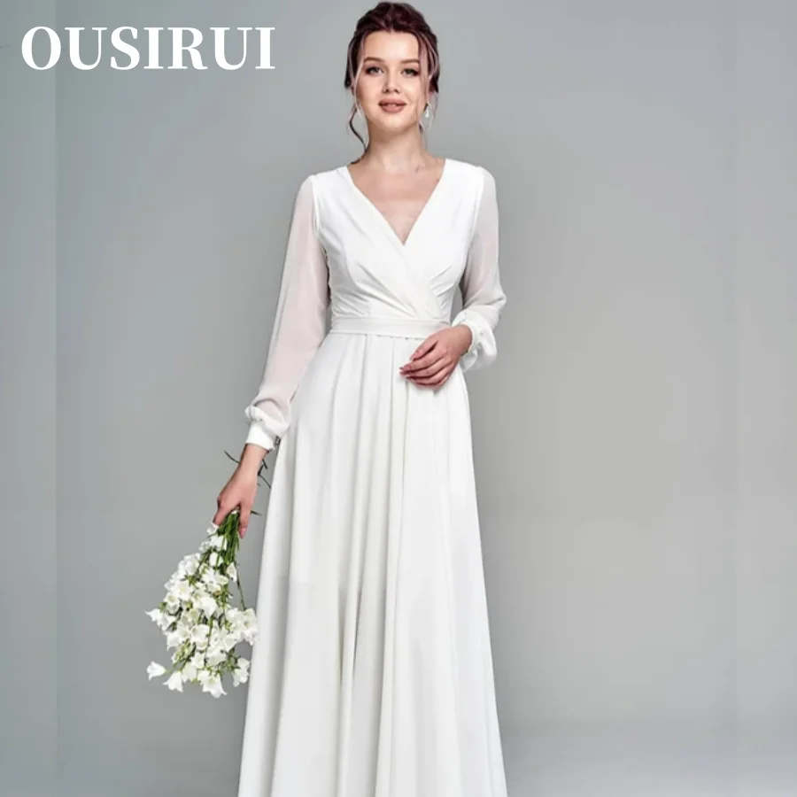 

V-Neck Side Slit Floor Length Simple Long Sleeve Chiffon Wedding Dress Beach Sashes For Bride Robe De Mariee Zipper Cheap