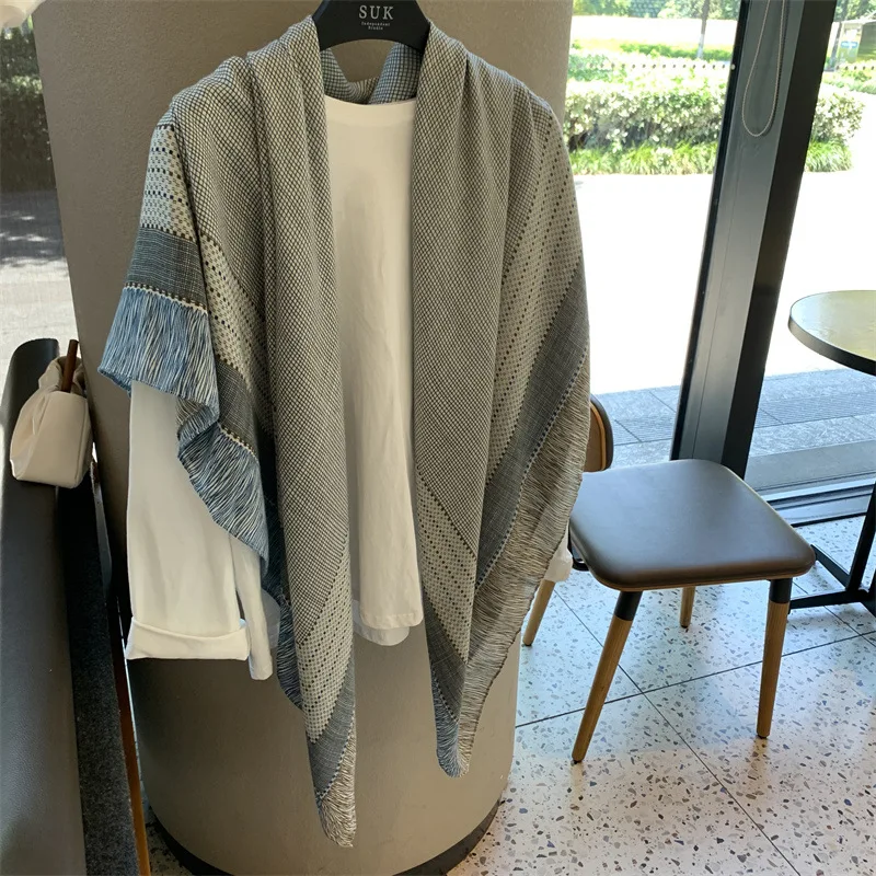Women'S Color-Block Plaid Fringed Square Shawl Uv-Proof Scarf Vintage Striped Patchwork Cardigan Summer Sun Protection Jacket