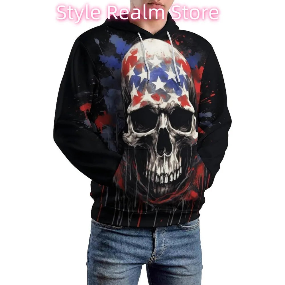 سويت شيرت بقلنسوة للرجال بعلم أمريكي أمريكي مطبوع عليه هيبي مضحك على شكل جمجمة
