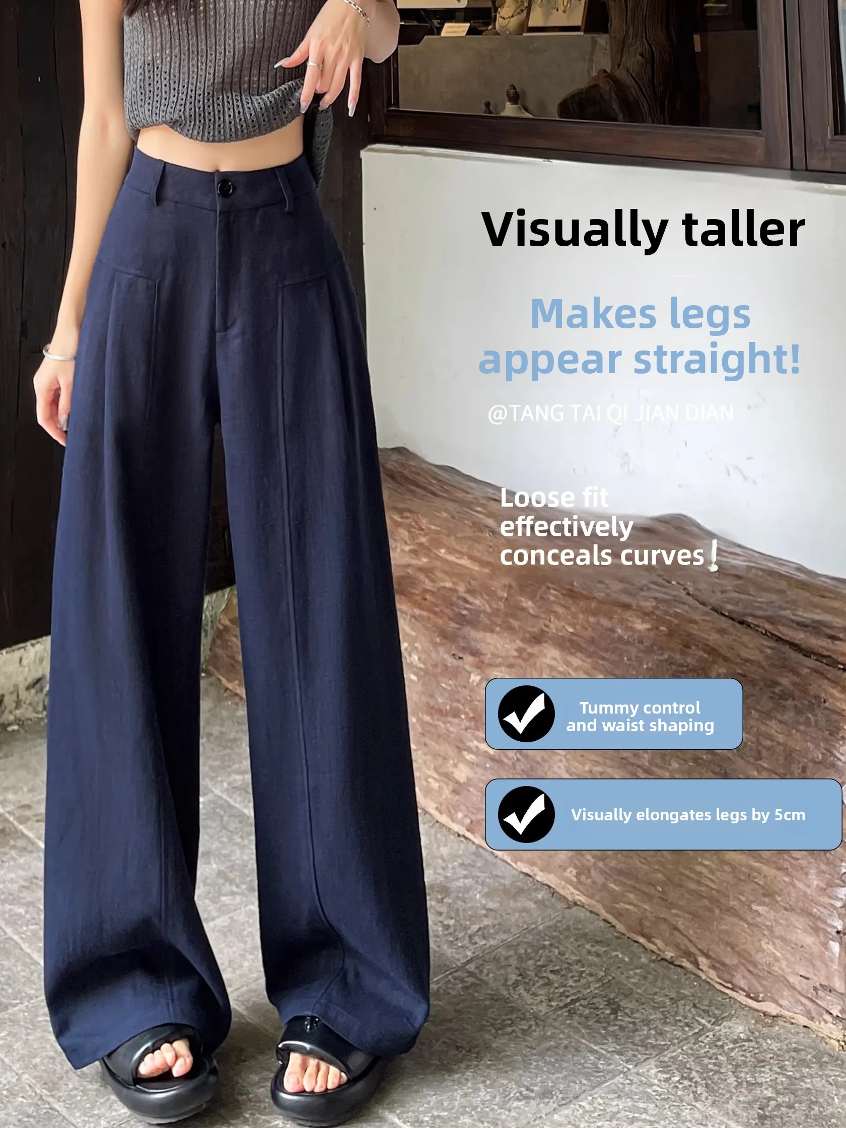 High Waist Wide Leg Pants Women Summer Design Thin Hanging Belly Slimming Casual Lazy Suit Pants Blue Color Thin Fabric