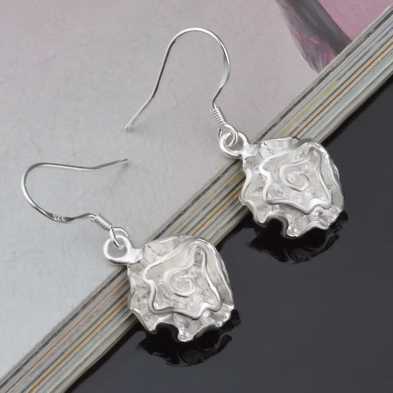 Hot Pretty 925 Sterling Silver Romantic Rose flower Earrings for Women Fashion Holiday gifts classic party wedding Jewelry