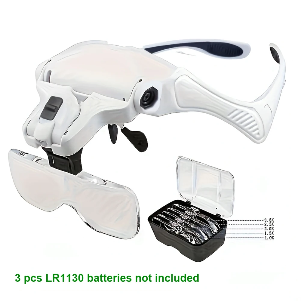 Lupa de cabeza LED, 5 lentes intercambiables, lupa de montaje en cabeza de 1,0X a 3,5X para leer, inspección de joyas y trabajo cercano