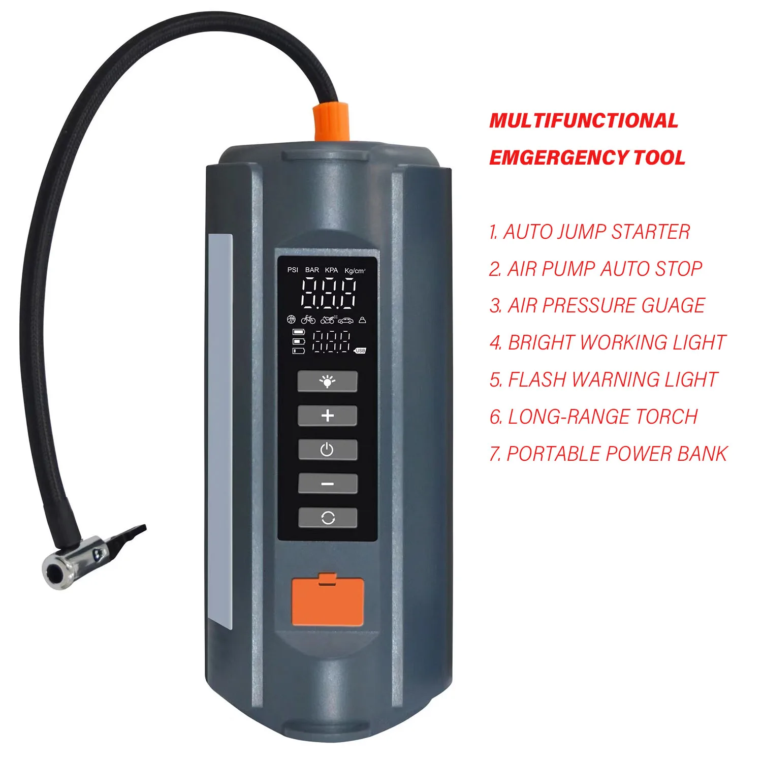 Car Emergency Kit Multifunctional with Air Pump, Jump Starter, Working Light, Warning Light, Torch,  Pressure Guage, Power Bank