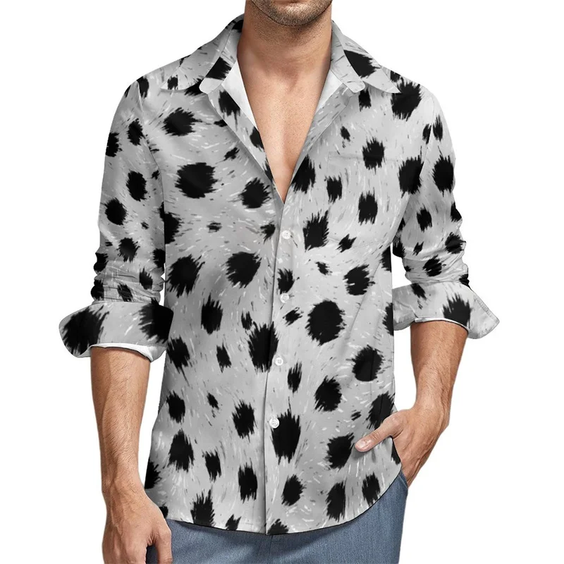 Cute Dalmatian Print Casual Shirt Men\'s Puppy shirt Autumn Fashion shirt Long sleeve top