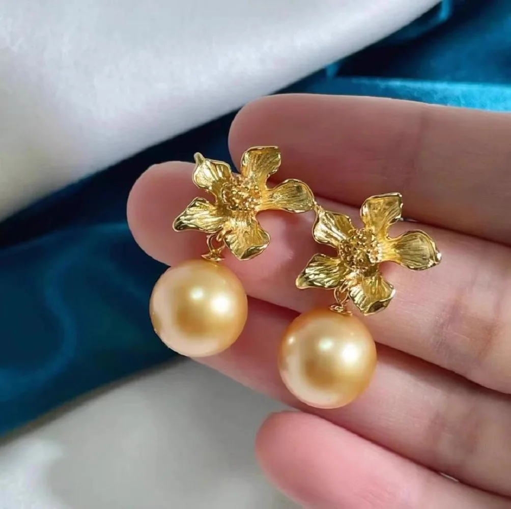 

AAA gorgeous 10-11 mm natural round South Sea gold pearl earrings with temperament 925S