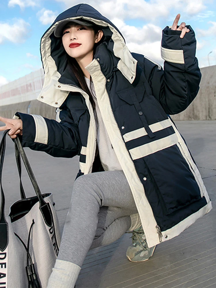 Max LuLu Classic Patchwork Hooded Winter Women Duck Down Jacket Fashion Vintage White Down Jacket Leisure Loose Warm Down Jacket