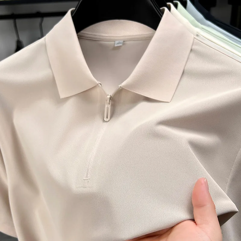 Men's Half-Zip Polo Shirt Light Beige Breathable Casual Slim Fit Stretch Cotton Classic Collar Business Casual Tops
