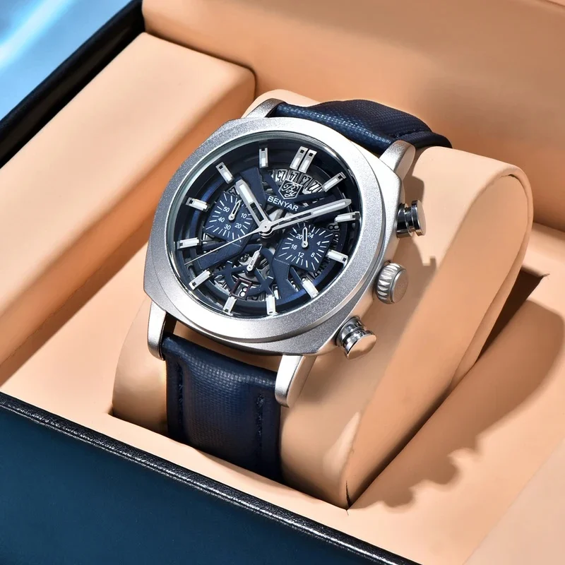 BENYAR 5205-2026 Men's Luxury Quartz Chronograph Watch Waterproof Leather Strap Luminous Hands Speed Scale Top Brand New 2026