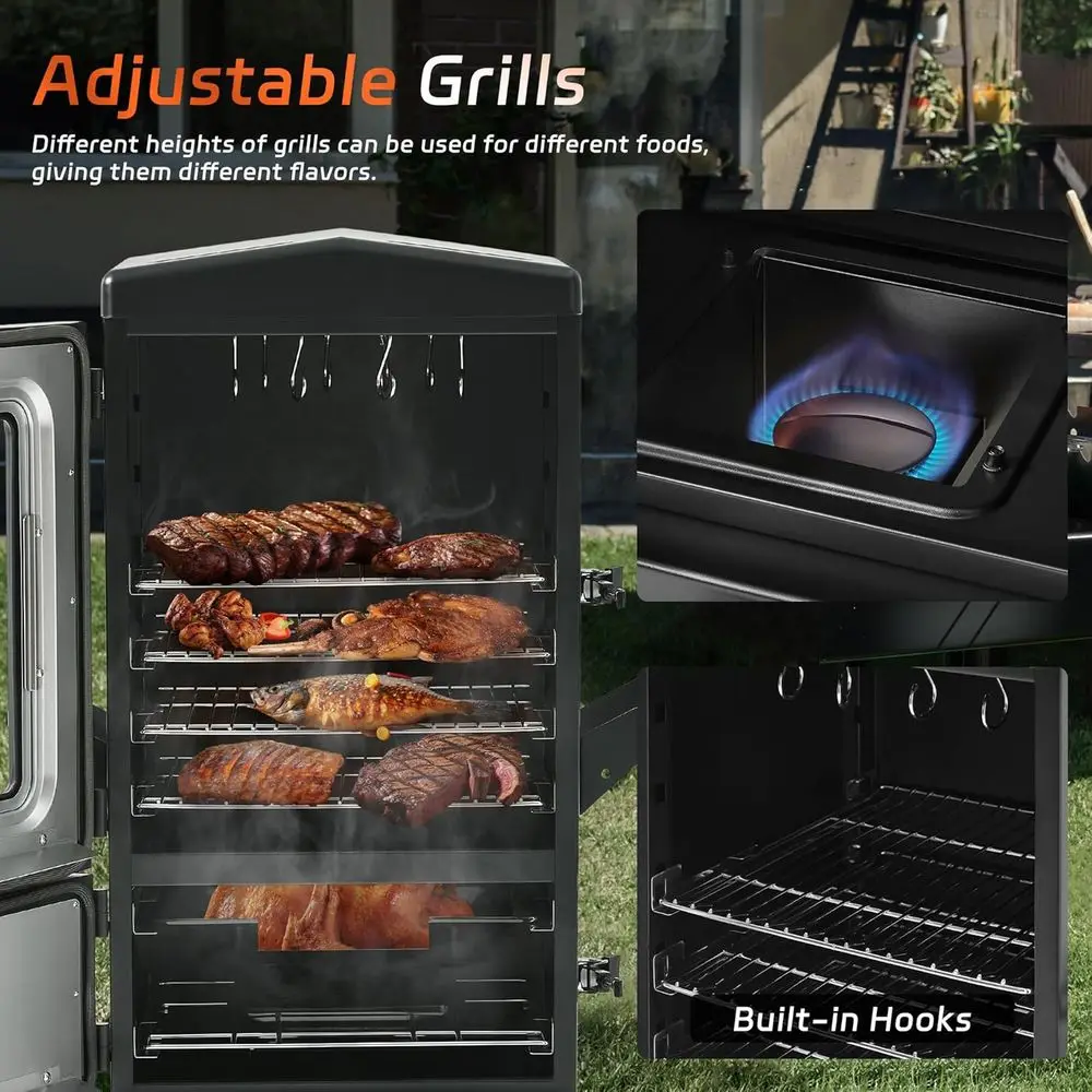4-Rack Outdoor Gas BBQ Smoker Grill with Temperature Control, Heavy Duty & Weather-Resistant Cover for Meat, Fish, Ribs