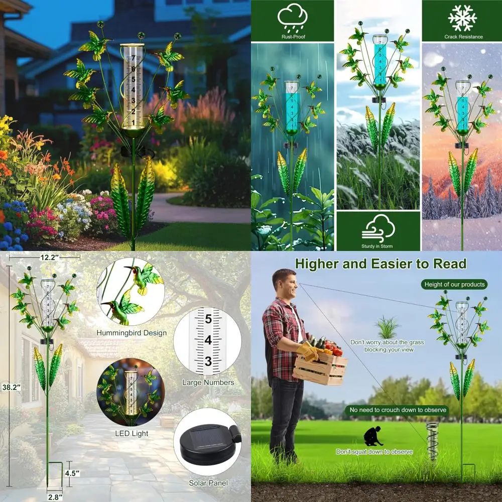 pearlstar Rain Gauge Outdoor Solar Powered Decorative Rain Catcher Waterproof Plastic Tube for Yard Garden Patio Lawn Farm