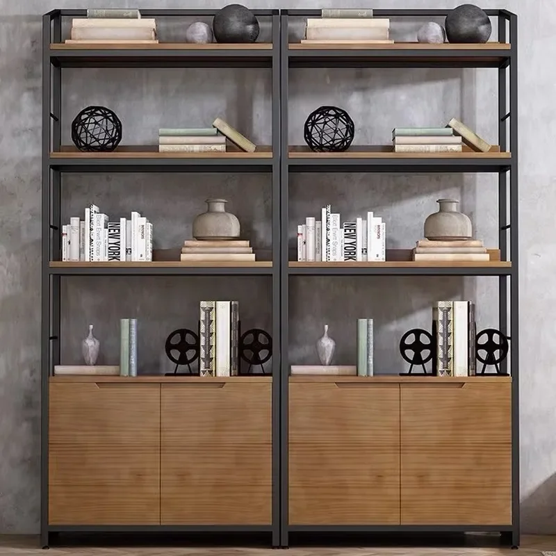 Nordic Solid Wood Pine Bookshelf Industrial Retro Wrought Iron Floor Standing Bookcase for Office Study Living Room Storage
