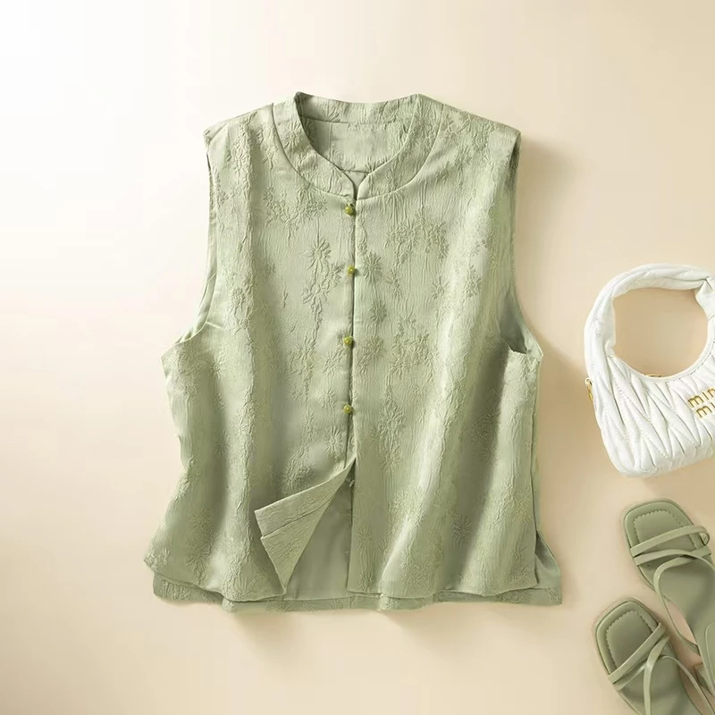 

New Chinese Style Vest Spring New Model Stand Collar Ladies Sleeveless Tank Top National Style Casual Cotton Polyester Blend