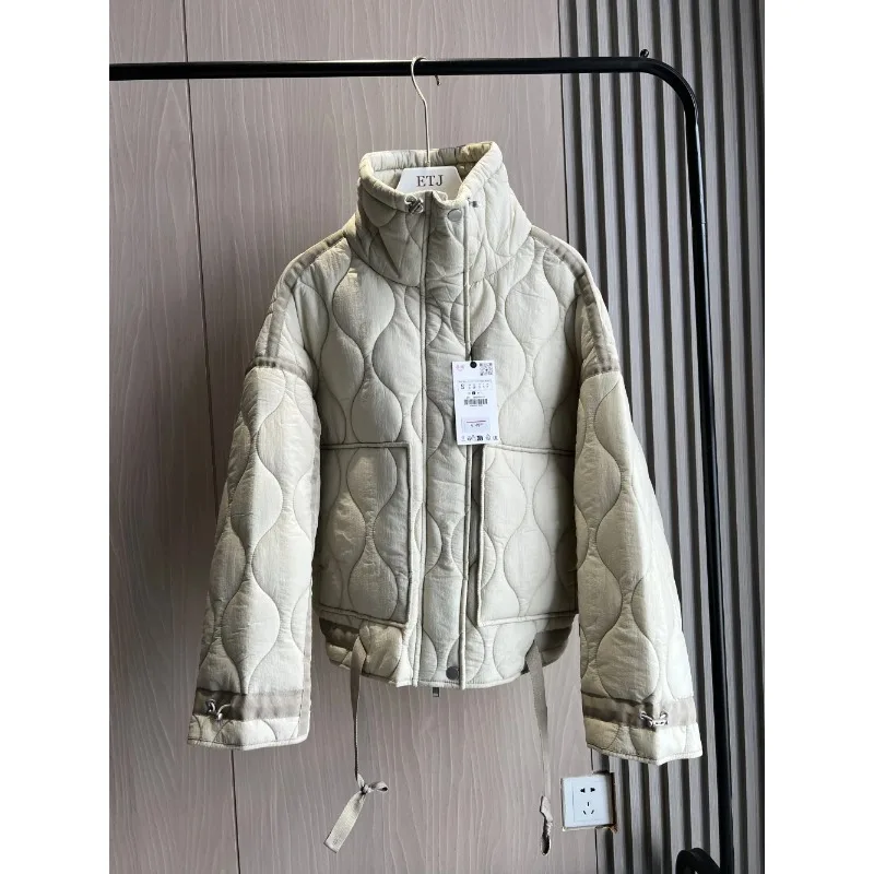 

Quilted Coat for Women ETJ 2024traf QUILTED JACKET WITH TIES New Beige Drawstring High Neck Pocket Clip Cotton Jacket for Women