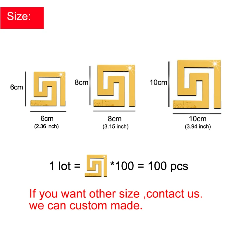 Gold Silver 100PCS Mirror Wall Sticker Building Border Acrylic Mirror Sticker Art DIY Decoration Mirror Wall Decals Home Decor