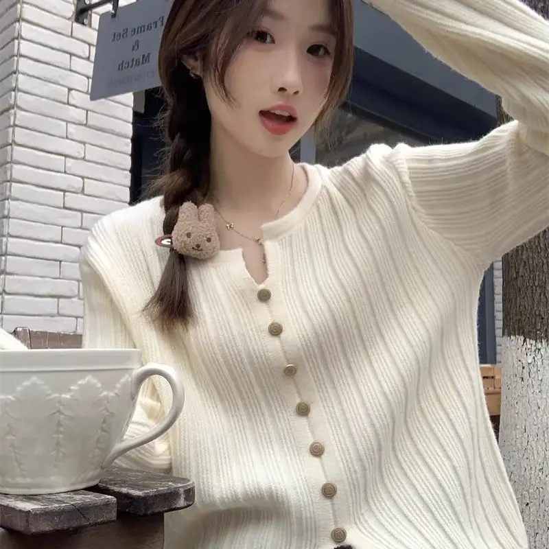 Women Autumn Korean Slim Solid Color O-neck Long Sleeve Bottoming Shirt Tops Tops Ladies Sweet All-match Knitting Cardigan Coat