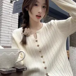 Women Autumn Korean Slim Solid Color O-neck Long Sleeve Bottoming Shirt Tops Tops Ladies Sweet All-match Knitting Cardigan Coat