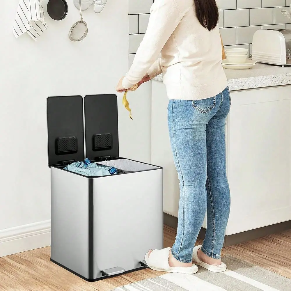 

X 4 Gallon 2 X 15 L Trash Can, Dual Compartment Waste Bin With Removable Inner Bucket, Built In Filter For Odor Control, Stainle