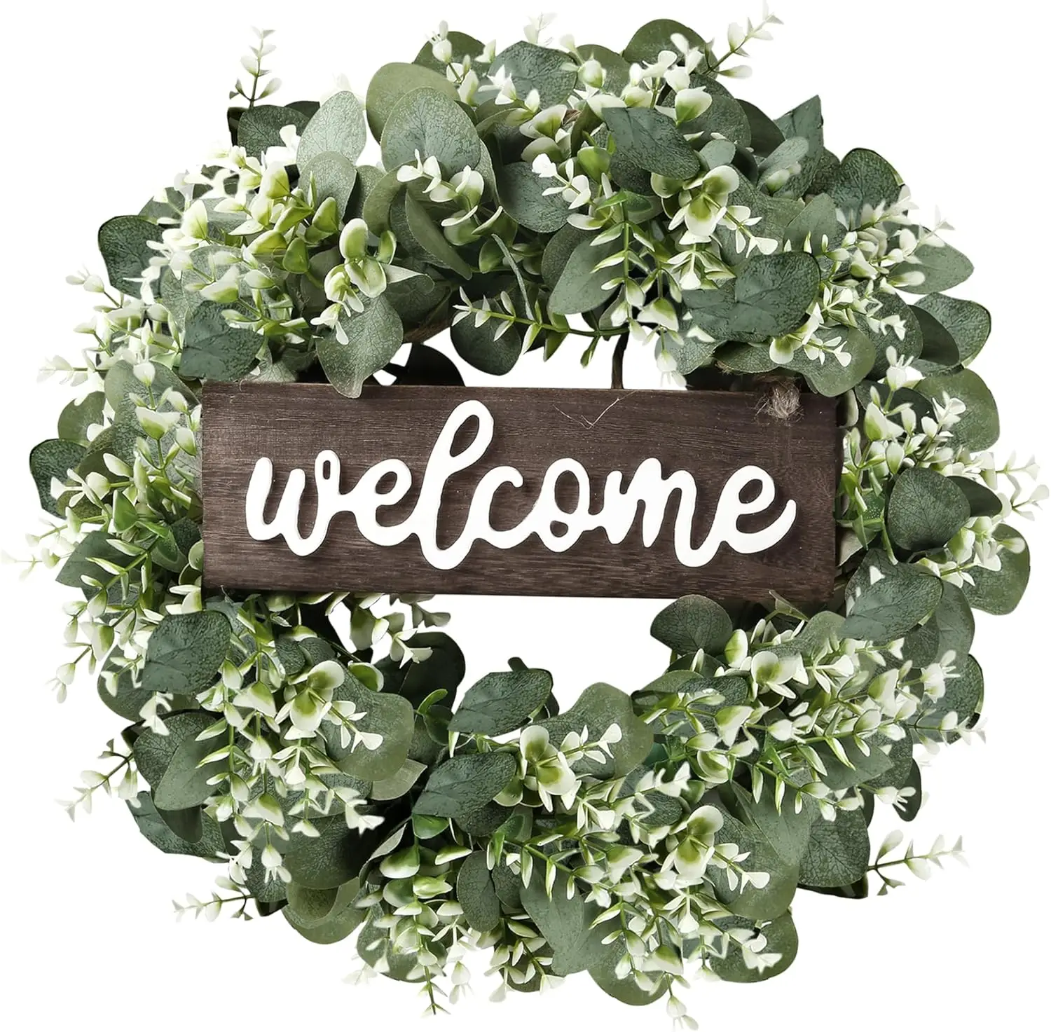 

Sggvecsy 16in Artificial Eucalyptus Wreath with Welcome Sign Green Eucalyptus Leaf Wreath Greenery Wreath Round Leaves Wreath for Front Door Wall Window Festival Farmhouse Porch Patio Garden Decor