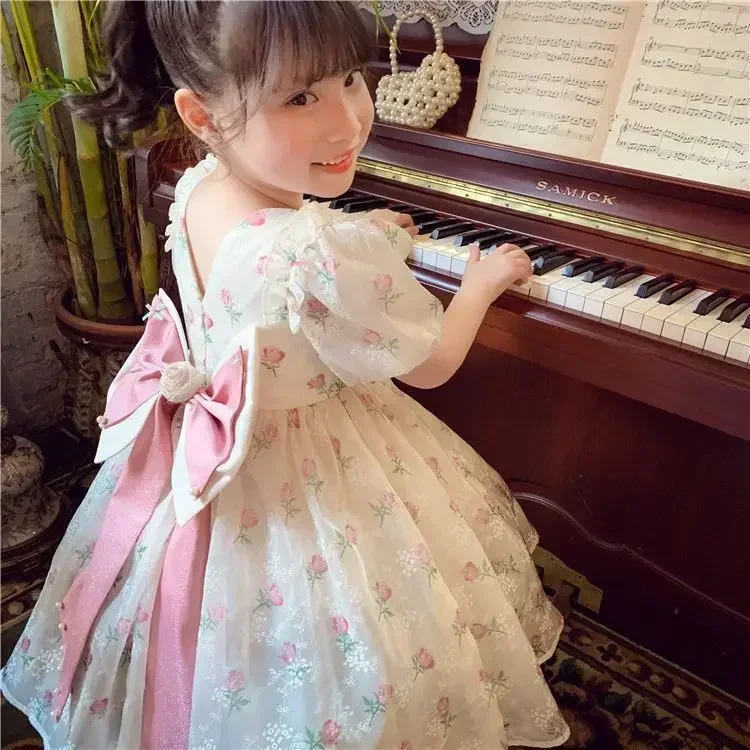 Sommer Mädchen 1–8 Jahre Blumenrosen Prinzessin Kleid Spitze abgestufte Schleife hinten Perlenakzent knielang Party Geburtstagsfeier – Detail 14