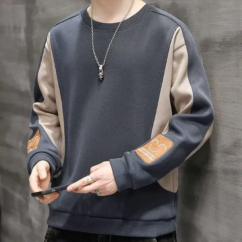 

Men's Clothing Pullover Spliced Sweatshirts for Man Top Letter Blue Hoodieless Embroidered High Quality No Brand Overfit Autumn