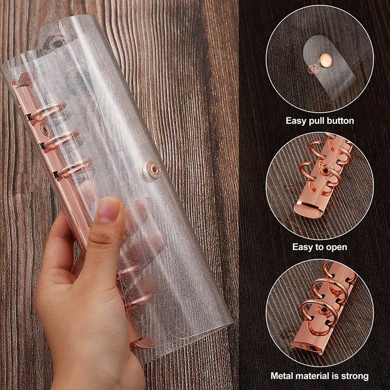 NEW-2 Pcs A6 PVC 6-Ring Binder Cover Rose Gold Soft Notebook Cover PVC trasparente Notebook Shell 6-Hole Loose Leaf Cover