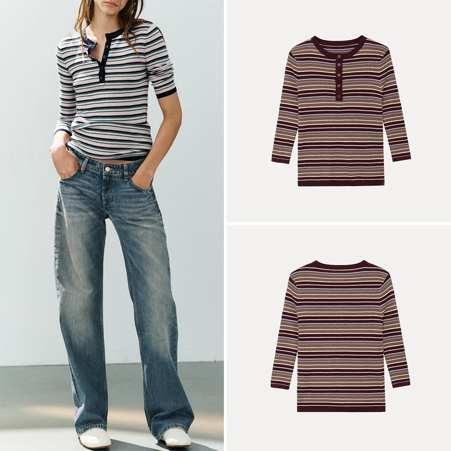 Women's Knitted Long Sleeve round Neck Multi-Color Striped Button up Sweater Autumn Fashion Ensemble ZADATA 2026 New Arrival
