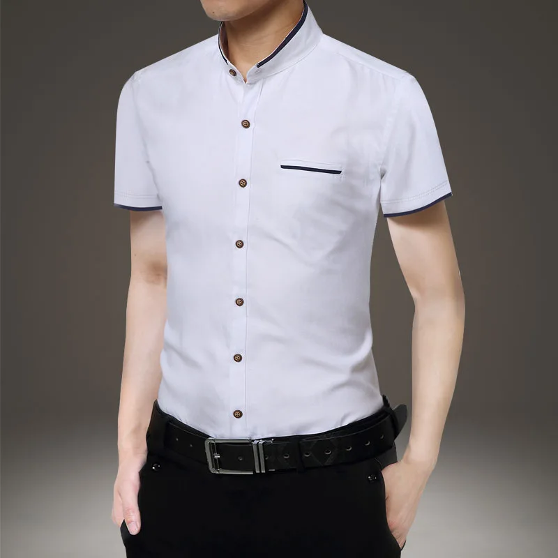 Summer New Men\'s Short Sleeve Shirt Soild Simple Business Solid Color Casual Single Pocket Comfortable Cotton Shirt