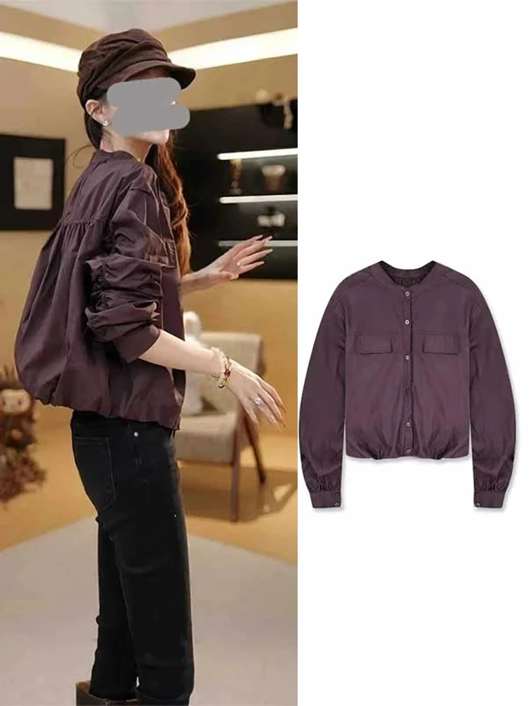 

Folded ort American Loose Jaet Women's Spring Autumn New Design Casual Sport Small ence Top Button round Ne Windproof