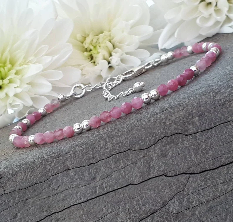 Pink tourmaline bracelet sterling silver with optional personalised heart tag. October birthstone gift.