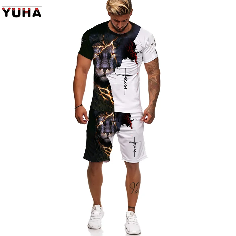 YUHA,Summer 3D Lion Cross Printed Men\'s T-shirt/Shorts/Suit Short Sleeve Jesus Love Everone Christian Street Wear 2 Pcs