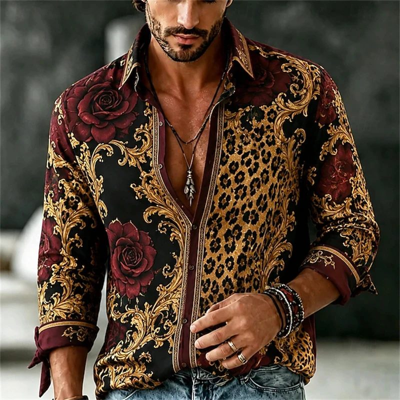 2026 Men's Vintage Long-Sleeve Shirt Minimalist Floral Print Stylish Collared Shirt Loose Fit Men's Top for Business Banquets