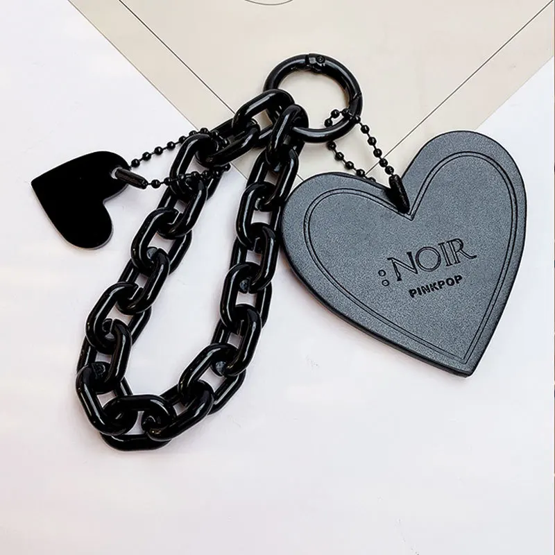 Fashion Black Leather Love Heart Keychain Cartoon INS Personality Bracelet Chain Cool Pendant Keyring Couple Bag Charm Ornaments