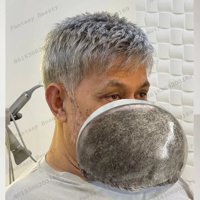 

Необнаружимая 0,1 мм инъекционная основа из искусственной кожи, мужской парик, коричневый, серый, парики для стариков, 100% человеческие волосы, мужские шиньоны, система протезов