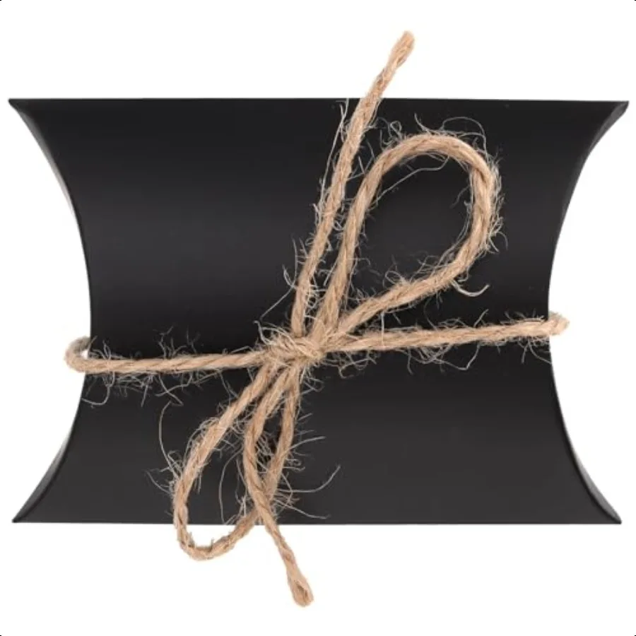 150 Pack 5 x 3.5 Inches Black Pillow Boxes Large Black Pillow Boxes with Jute Twins Kraft Party Favor Pillow Candy Box for Birt
