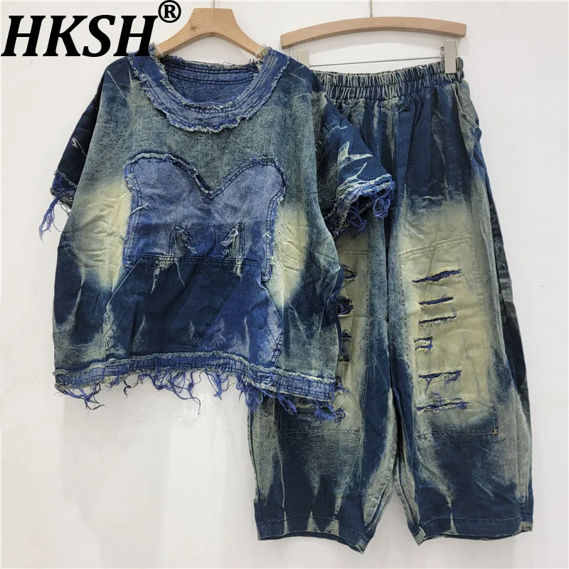 

HKSH Women Retro Two-piece Set Distressed Denim O-neck Short Sleeve T-shirt Elastic Waist Baggy Jeans Harem Pants Summer HK21798