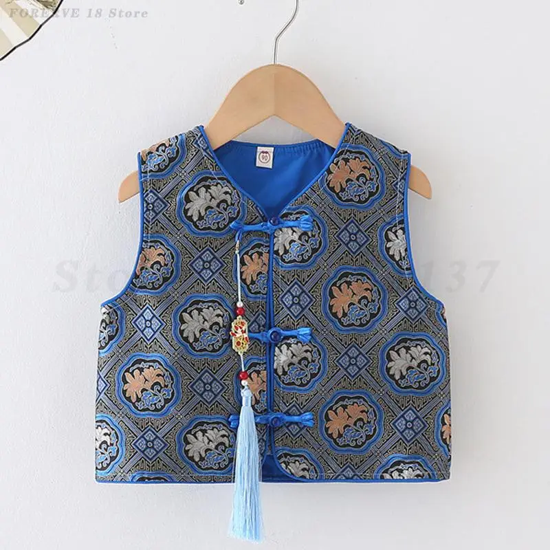

Детская одежда Тан, жилет, винтажный китайский жилет без рукавов, новый китайский стиль, топы ханьфу, куртка, восточный костюм для мальчиков и девочек
