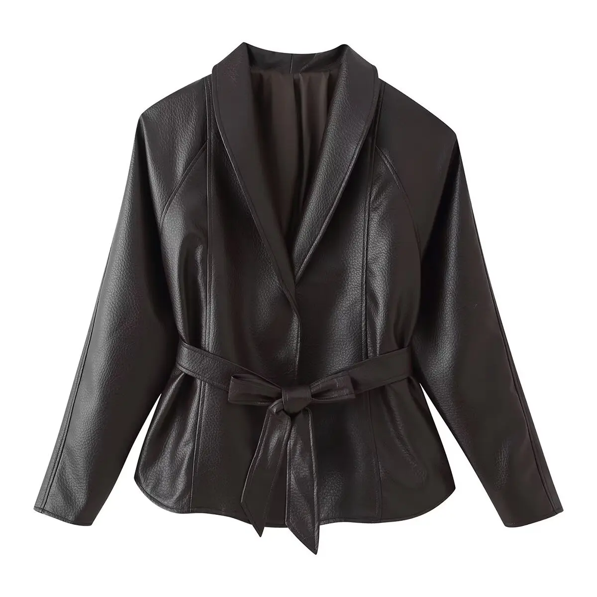 Autumn Casual PU Leather Women Jacket with Belt Fashion Temperament Versatile Solid Color Outerwear Classic Retro Commuter Coat