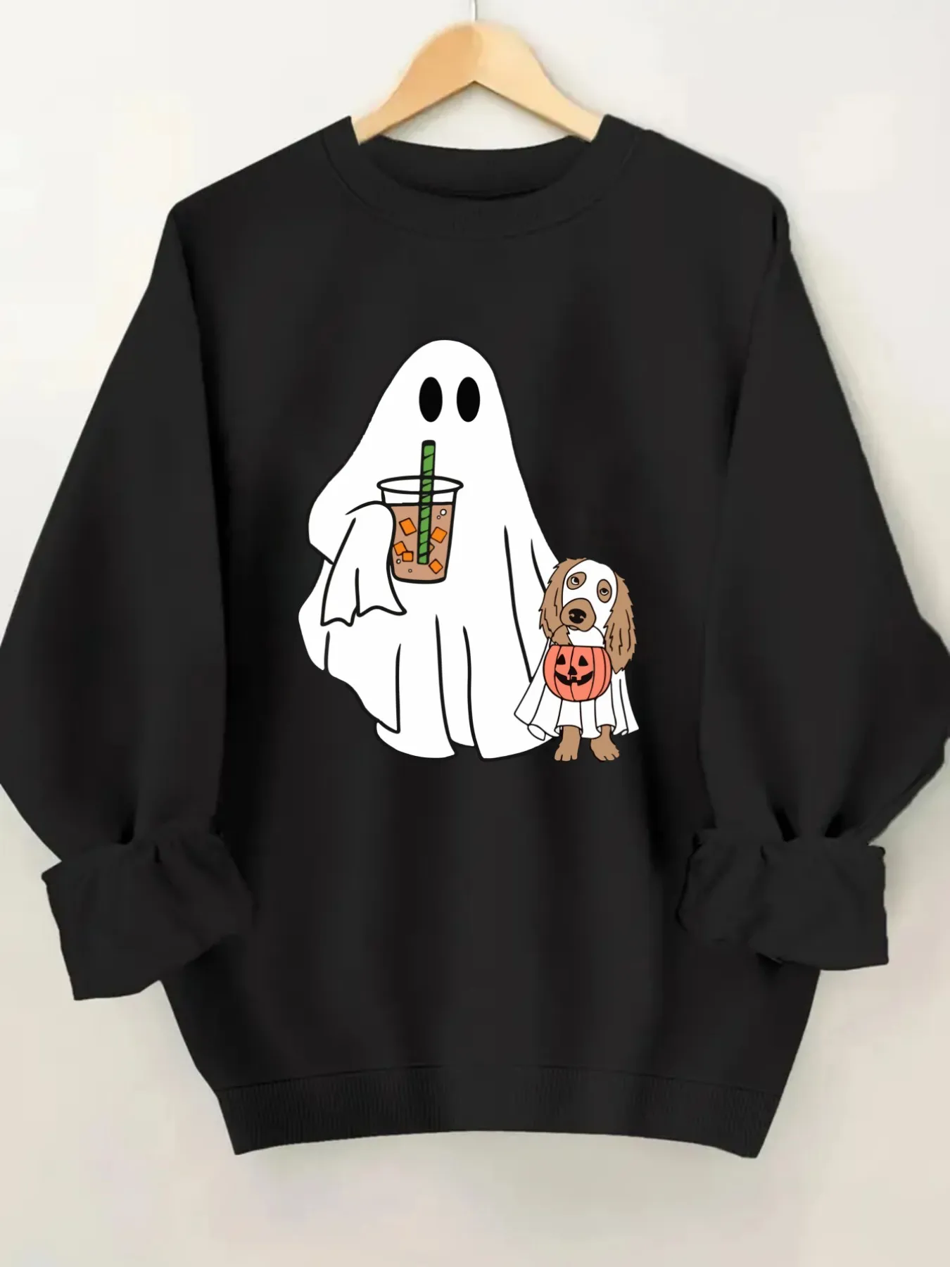 Women's Crew Neck Pullover Sweatshirt Ghost Dog Drink Design, Soft Casual Long Sleeve, Daily Casual Top Outfit, Winter Women's Clothing, Halloween Costume Outfit